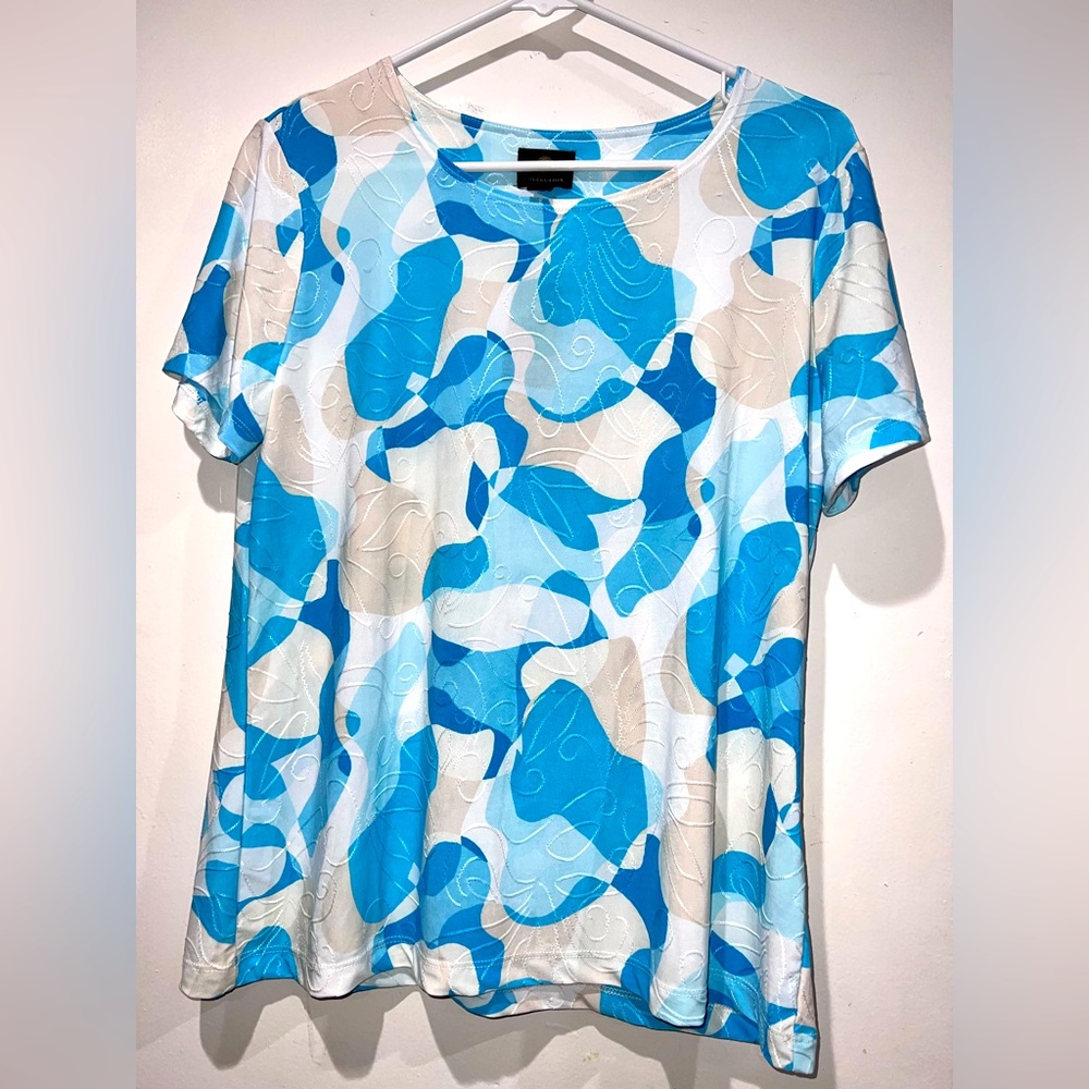 NWT JM Collection Blue Club Combo Short Sleeve Blouse Size Petite/Large